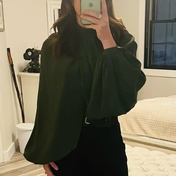 CO Olive Green Wrap Top MEDIUM Balloon Sleeve Career Mockneck Silk Designer $900 - Picture 6 of 12